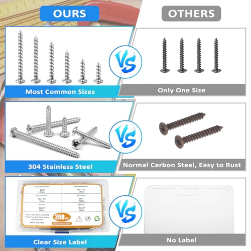 200PCS #6 Wood Screws Assortment Kit, 304 Stainless Steel Screws, Drive Sheet Metal Self Tapping Screws with Screwdriver Bit, 6 Sizes (2”,1-1/2”,1-1/4”,1”,3/4”,1/2”) - style: Silver #6 Pan Head Set 200PCS