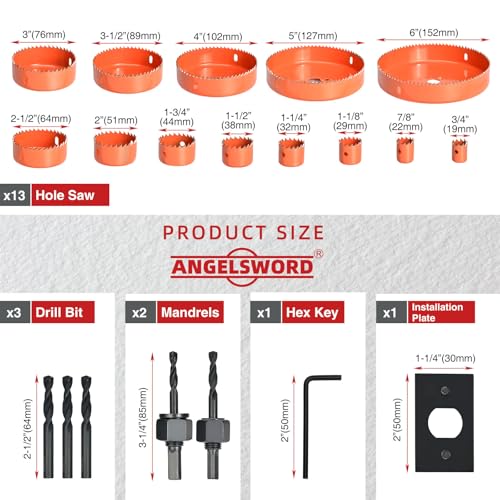 ANGELSWORD Hole Saw Set 22 PCS Double-Ground Teeth Hole Saw Kit, Hole Saw Drill Bit Kit, 3/4"-6" (19-152mm) 13 PCS Saw Blades, for Drywall, Soft Wood, Plywood, Plastic, PVC