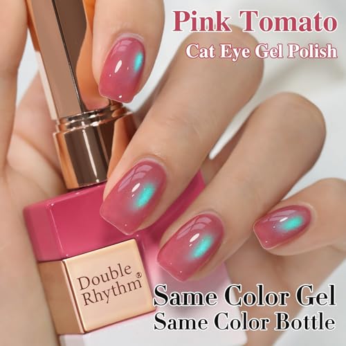 Double Rhythm Jelly Glass Cat Eye Gel Polish with Magnet 15ML Holographic Glitter Shimmer Translucent Sheer Color Magnetic Nail Polish Salon DIY at Home (Pink Teal-MC1267) - color: Aurora Pink Green