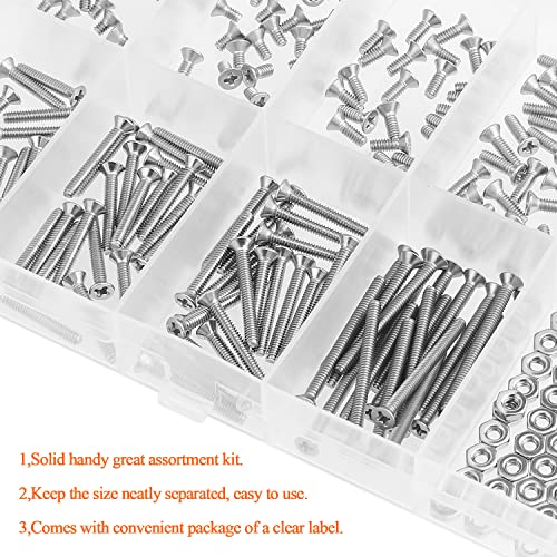 HELIFOUNER 240 Pieces #2-56 Phillips Countersunk Head Machine Screws Nuts Assortment Kit, Coarse Thread, Fully Machine Threaded, 304 Stainless Steel - size: #2-56
