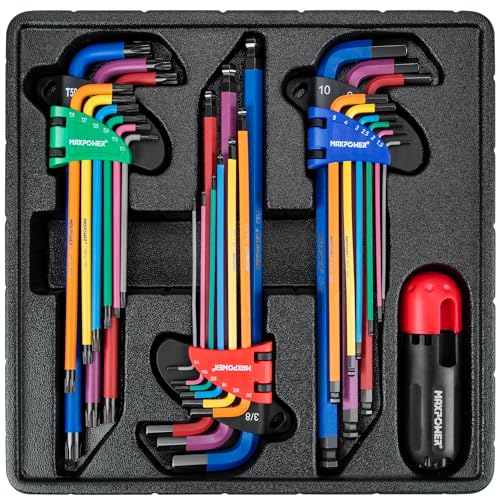 MAXPOWER Allen Wrenches Sets, 27-Piece Allen Key Wrench Set Includes SAE (1/6-3/8"), Metric (1.5-10mm), Torx (T10-T50), Extra Long Arm Ball & Torx End Hex Key Set with T-Handle - size: 27-piece