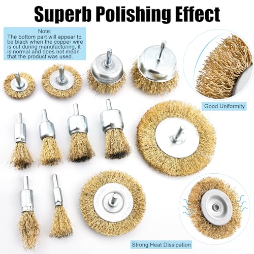 Wire Brush for Drill Set, 12Pcs Cup, Wheel & End Brush Kit with 1/4” Shank | Brass Coated Drill Brush Attachments for Rust Removal, Stripping, and Abrasive