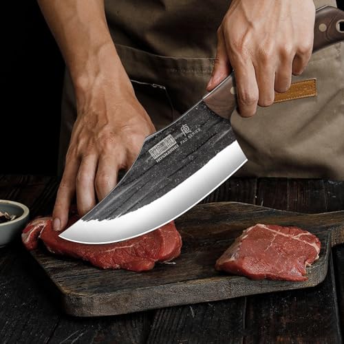 HOSHANHO Butcher Knife Set, Sharp Kitchen Knife Set & Roll Bag Gift for Men | Hand Forged 8PCS Butcher Chef Knife Set with Meat Cleaver Knife & Bone Chopper Knives & Fillet Knives for Home, Camping, BBQ - size: 6.5"