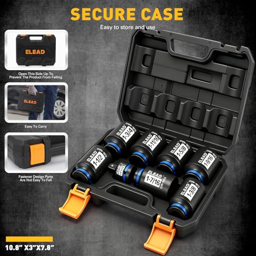 1/2'' Drive Deep Impact Socket Set, 8-Piece SAE Wheel Axle Nut Wrench Large Sockets Standard Adapter 1-11/16 1-9/16 1-3/8 1-7/16 1-1/2 1-5/8 1-3/4 Imperial Spindle Joint Torque Bearing Locknut Truck - style: SAE 6-Point