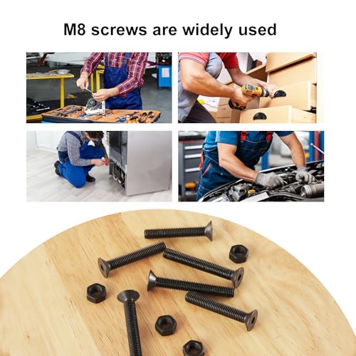 30PCS M8 x 50mm 60mm 70mm 80mm, Flat Head Hex Socket Cap Screws Countersunk Bolts Nuts Kit, 10.9 Grade Alloy Steel, Black Oxide Finish, Metric Allen Drive, Fully Threaded - size: M8x50/60/70/80mm