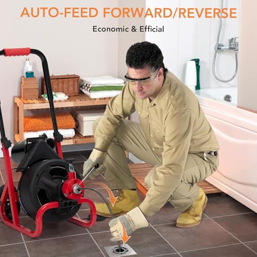Drain Cleaner Machine, 100 ft X 3/8 in Drain Auge, Auto-feed Professional 6.8A Electric Drain Auger, Air-Activated Foot Switch, w/ 6 Cutters, Gloves, Cleaner Sewer Snake - style: 100FT 3/8"
