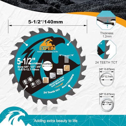5-1/2 Inch 24T+48T Circular Saw Blades Fit 3/8 Inch or 5/8 Inch Arbor, 2pcs TCT Saw Blades Fine Finish Wood Cutting Disc - size: 140mm 24T+48T