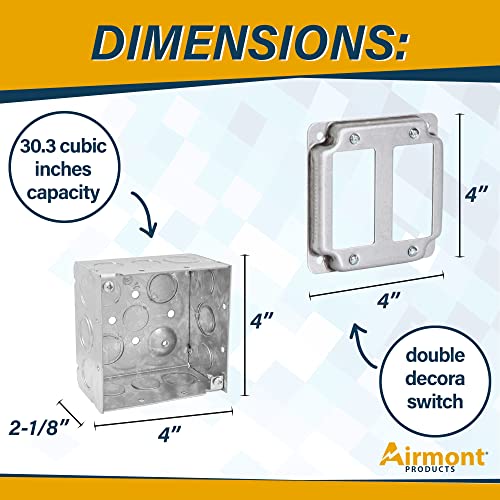 Pack of Box and Cover 4'' Square Electrical Box, 2-Gang Rocker Switch, Exposed Work Cover, Crushed Corners, Welded Construction, Ten 1/2'' and Six TKO Knockouts, Raised Ground, 2-1/8'' - size: 2-Gang Rocker