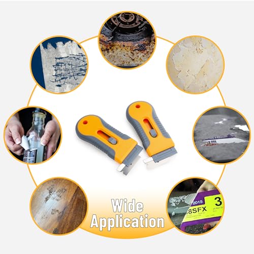 Bates- Razor Blade Scraper Tool, 2 Pack, 30 Extra Carbon Steel Blades, Anti-Slip Ergonomic Handle Design, Razor Scraper Set for Cleaning Window, Paint, Oven, Glass, Stove - color: Yellow and Gray
