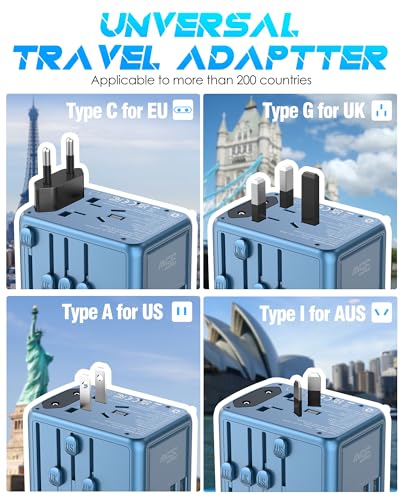 Universal Travel Adapter, 35W PD Fast Charging, 5 USB C/A Ports - color: PD35W-3A2C-metallic blue