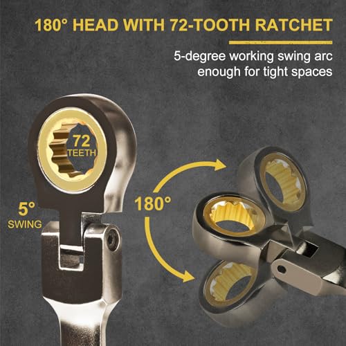 Egofine Flex Head Ratcheting Wrench Set 10 Piece, SAE Wrench Set, CR-V Steel 1/4” to 3/4” Wrench, 72-Teeth Combination wrench set, Nickel Plating Ratchet Wrenches Set with Tool Roll Bag - size: SAE-10 piece set