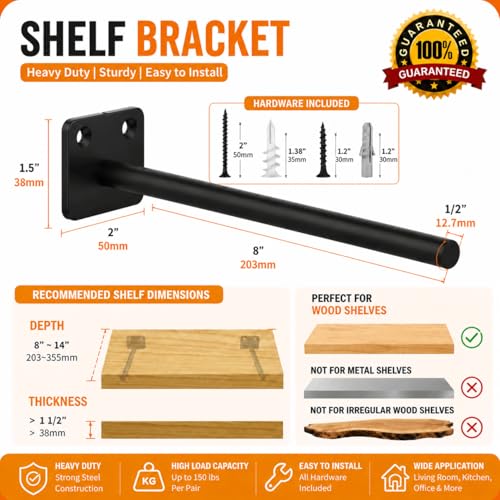 Floating Shelf Brackets, 8 inch Hidden Shelf Brackets Heavy Duty Blind Shelf Support, 150LBS Load Capacity, 6 Pack Floating Shelf Hardware for DIY Wood Wall Floating Shelves - size: 8 Inch