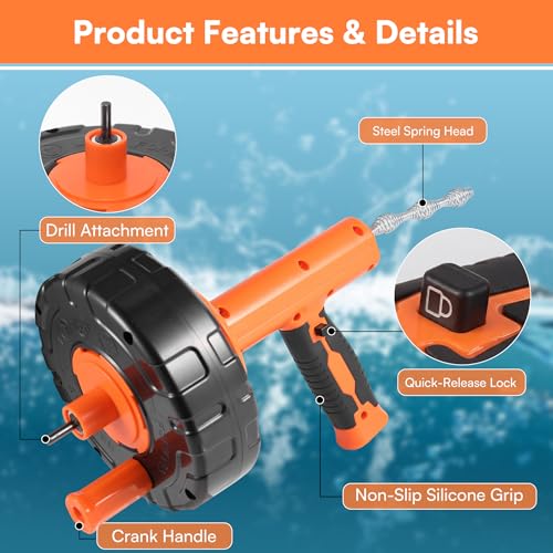 Drain Snake 33ft Flexible Steel Spring, Drain Auger with Drill Adapter