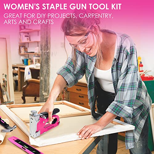 33Pcs Pink Staple Gun Tool Set, 3 in 1 Upholstery Staple Gun for Wood Heavy Duty and 900 Staples, Perfect for DIY Decoration, Crafts, Carpentry, Arts, Pink Tool Kit for Women