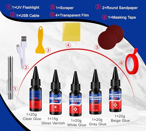 Quartz Countertop Repair Kit 4 Colours UV 30s Cure Chips Cracks Filler
