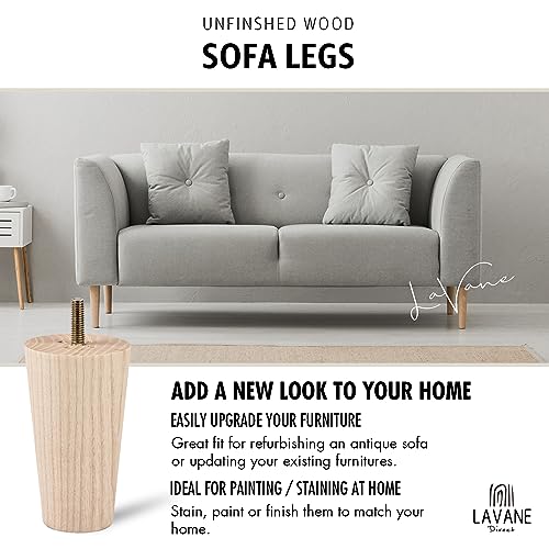 La Vane 4 inch Ash Wood Tapered Furniture Legs 4-Pack with 5/16" Thread | Unfinished Ash Wood with Straight Grain, 400lb Load Capacity, Hardware inclu., Mid-Century Modern, Upgrade for Sofa Cabinet - color: Tapered, size: 4"