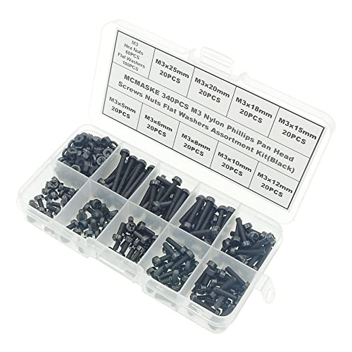 Metric M3 Phillips Pan Head Nylon Screws Nut Washer Assortment Kit,Screws Length:5mm to 25mm(Black) - size: M3