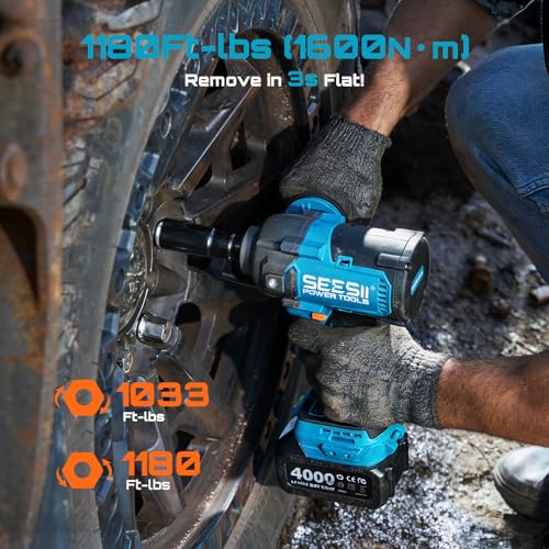 SEESII Upgraded Impact Wrench 1180 Ft-lbs (1600 N·m): 1/2" High-Torque Impact Gun with Detachable Side Handle, 21V Cordless Impact Driver 2x 4.0Ah Batteries for Car/Pickup Truck/Mower/Industrial Tasks - color: With Handle 1180 Ft-lbs / 2x4.0ah Battery