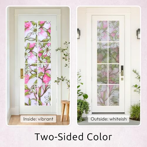rabbitgoo Stained Glass Window Privacy Film, Pink Lily, 17.5" X 78.7" | Anti UV Heat Blocking Frosted Glass Static Cling Removable, for Bathroom, Bedroom, Living Room - color: Pink Lily, size: 17.5" x 78.7"
