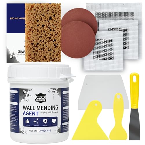 Breliter Drywall Patch Repair Kit - Drywall Repair Kit for Wall Texture, Holes, Cracks, Graffiti & Stains, Patches/Scrapers/Sandpaper/Texture Sponge/Putty Knife, Formaldehyde-Free, White (8.8oz)