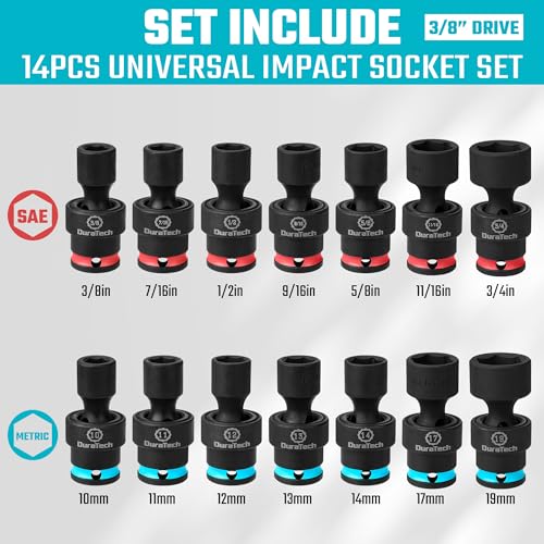 DURATECH 3/8" Drive Impact Swivel Socket Set, 14 Pcs Shallow Wobble Sockets - style: 14 PCS SAE&Metric 3/8" Dr.