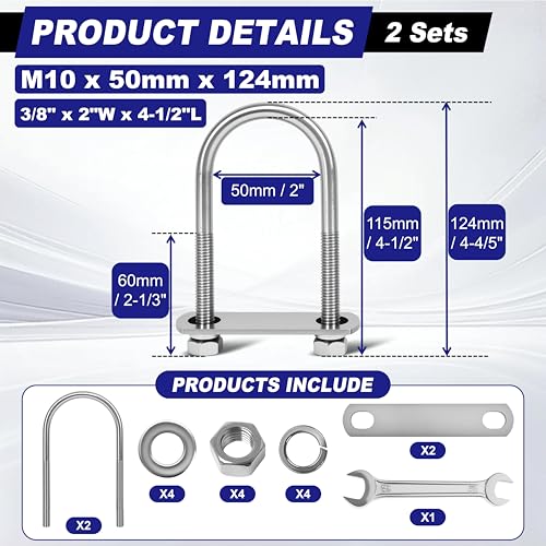2 Sets M10 U Bolts 2 Inch Wide, 3/8" x 2"W x 4-1/2"L | 304 Stainless Steel U Bolt Heavy Duty for boat trailer with Nuts, Bolt Plate and Washers,2 inch u bolt,Metric bolts - size: M10 x 50mm x 124mm