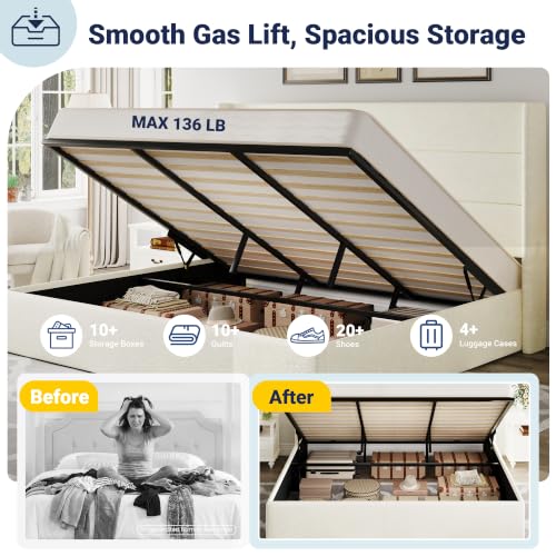 Allewie King Size Chenille Lift Up Hydraulic Storage Bed Frame Cream White - color: Cream White, size: King, style: Modern