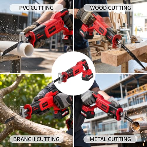 FULLYEA Reciprocating Saw Cordless, 3500 SPM Brushless Reciprocating Saws, Tool-Free Blade Change, Power Reciprocating Saws with 2*4.0Ah Battery & Charger, Cordless Saw for Wood/Metal/Plastic Cutting