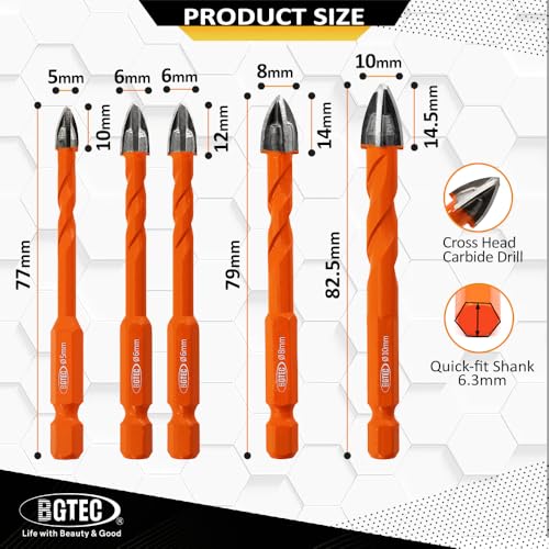 BGTEC Cemented Carbide Drill Bits Masonry Drill Bits, 5pcs Quick-fit Shank 5/6/6/8/10MM Cross Spiral Hard Alloy Drill Bit for Wood Plastic Masonry Ceramic Tile Concrete Marble - size: 5pcs 5/6/6/8/10MM