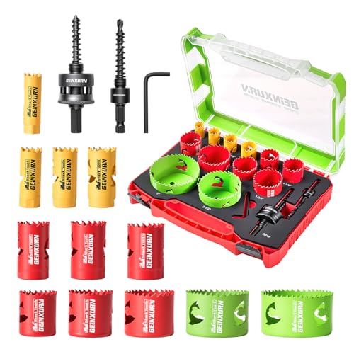 GEINXURN 15PCS Hole Saw Kit 5/8'' to 3'' (16mm-76mm) with Hole Saw Mandrel and Hex Wrench,HSS Bi-Metal Hole Cutter with Shark Tooth for Wood,Drywall, PVC Boards and Thin Metal - color: 15PCS 5/8“-3” Hole Saw Set with Mandrel