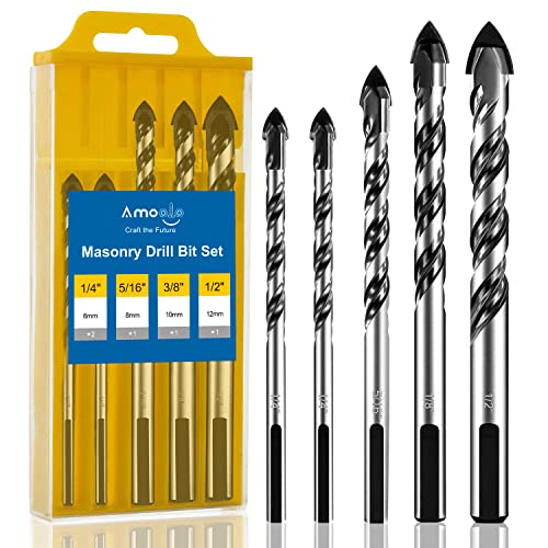 amoolo Masonry Drill Bit Set 5pcs, Concrete Drill Bits with Carbide Tip (1/4”-1/2”) for Brick, Tile, Cement, Ceramic, Glass, Plastic, Etc. - size: 1/4"-1/2"(5pcs)