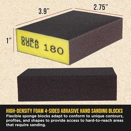 Dura-Gold 4-Sided Hand Sanding Block Sponge Variety Pack, Box of 12, Grits 60, 80, 120, 180, 220, 320-3.9" x 2.75" x 1" Wet or Dry Flexible Sandpaper Pads, Reusable - Sand Wood, Drywall, Metal Paint - style: 12 Variety Pack