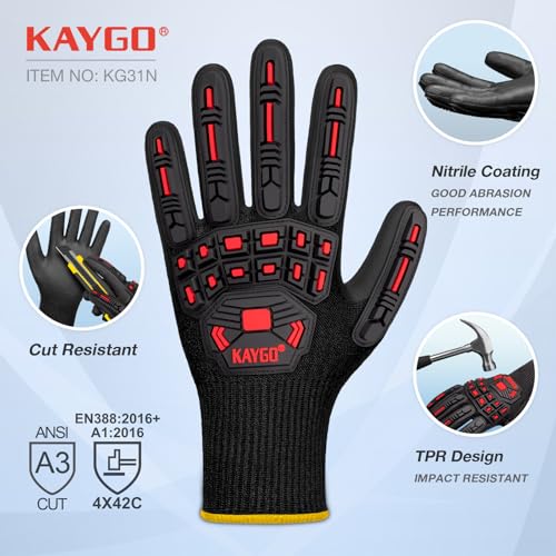 KAYGO TPR Impact Resistant Work Gloves for Men, MicroFoam Nitrile Coated | ANSI Cut Resistant Level A3, Anti-Abrasion & Firm Grip, TPR Back Impact Guard, for Mechanics, Construction, Glass Handling - size: Medium