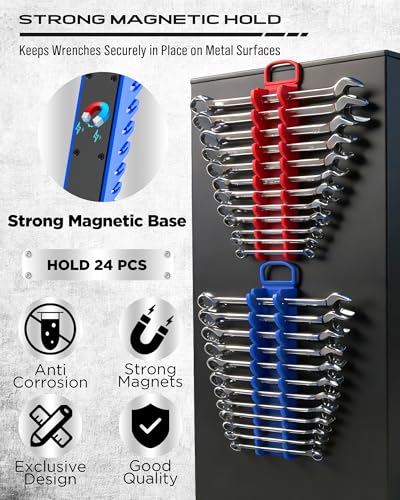 2-Pack Magnetic Wrench Organizer Set, 24-Slot Premium Wrench Rack Holder with Non-Slip Carry Handle for Tool Box Drawer Wall Storage, SAE (1/4'' to 15/16'') & Metric (6mm to 24mm) - style: 24-Slot Compact Handle / 2-Pack