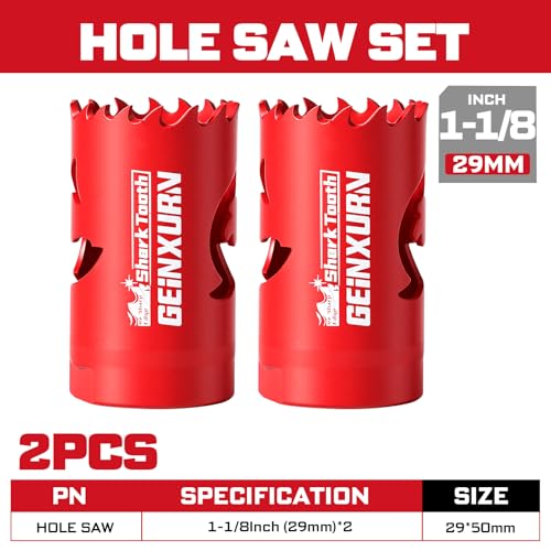 Geinxurn 1-1/8 Inch(29mm) Hole Saw, 2PCS HSS Bi-Metal Hole Saw Kit with Shark Tooth Hole Cutter for Wood,Drywall, PVC Boards and Thin Metal - color: 2 PCS 1-1/8"