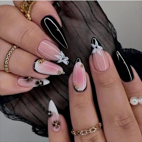 LPOODDNU Black White Press on Nails - Almond Medium French Fake Nails with Flower&Gold Bead Designs, Glossy Finished Reusable False Nails with Glue Tabs - 24Pcs Nail Kit for Women Manicure - color: black white french flower