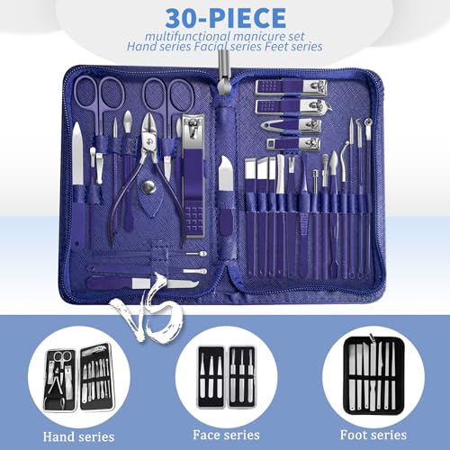 30Pcs Manicure Pedicure Kit，Nail Clippers Kit Professional and Stainless Steel Nail Care Tools，Toenail Clipper Cutters Men's Accessories Whit Beauty Tools Luxurious Travel Case (Blue) - color: 30 in 1 Blue