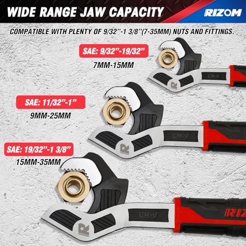Rizom Pipe Wrench Set, 6” 8” 10” Self Adjusting Wrench, Plumbers Wrench with Self Tightening Function for 9/32”-1 3/8” (7-35mm) Pipe Fittings and Nuts - color: Red