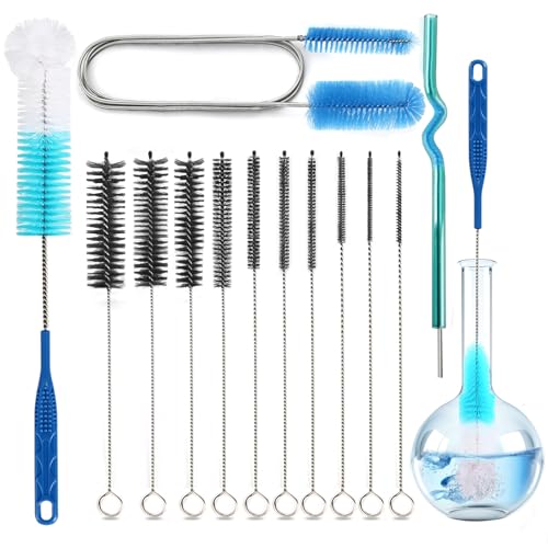 12 Pack Glass Tube Pipe Cleaner Brush Set, 17Inch Long Handle Nylon Brush | For Neck Bottle, 8.2 Inch Various Diameter Tube Straw Brush with Hook, 35 Inch Flexible Double Ended Hose Brush