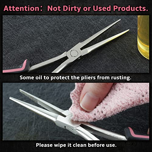 Long Reach Needle Nose Pliers with Teeth 7-Inch Extra Long Needle Nose Plier for Jewelry Making Small Long Reach Long Nose Plier Non-slip Handles Working In Tight Spaces, Pink Tool for Women - style: Needle Nose Plier with Serrated Jaw