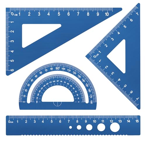 Honagu Triangular Ruler Set, 4 Pieces Aluminum Alloy Ruler, Metal Drafting Ruler, Geometric Protractor for Students, Draftsmen, Engineers, School Office Supplies (Blue) - color: Blue