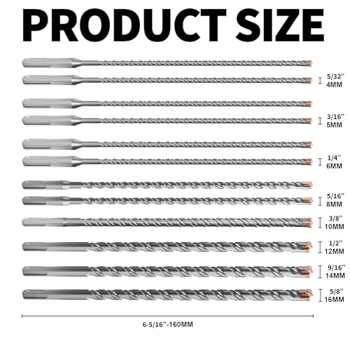 12PCS SDS Plus Rotary Hammer Drill Bits, 12PCS(5/32" to 5/8" ×12") - 4 Carbide Cutting Edges, Ideal for Masonry| Heavy-Duty Masonry |Hammer Drill Bits for Precision Drilling - size: 12PCS(5/32" to 5/8" ×12")
