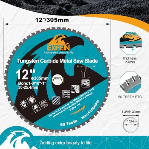 12 Inch 60T Metal Circular Saw Blade - EXFEIN Tungsten Carbide Tipped Saw Blade Arbor 1-3/16" for Metal Sheet or Pipe, Angle Iron, Rebar, Ferrous Metals, Non-Ferrous Metals - size: 12"
