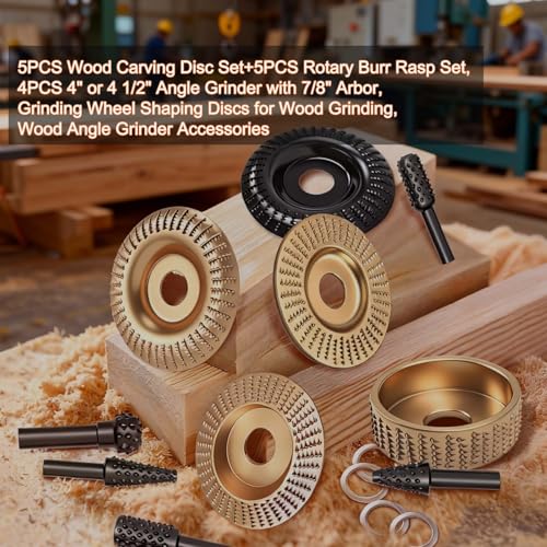 14PCS Angle Grinder Wood Carving Disc Set - 5Pcs 4"/4.5" 45# Carbon Steel Discs with 5 Rotary Burrs & 4 Adapter Rings, for Cutting, Polishing & Sculpting Hardwood/Softwood