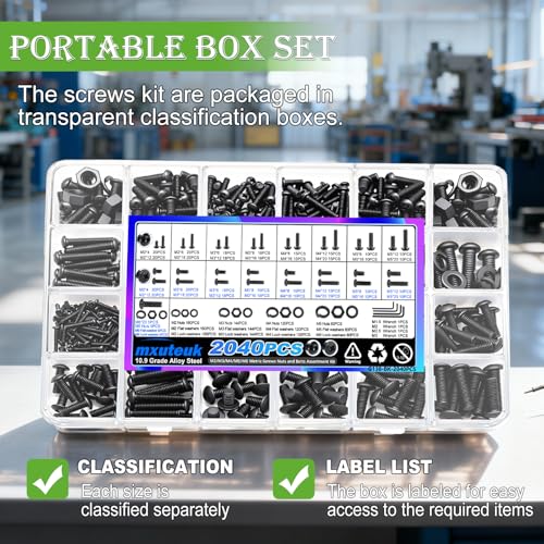 mxuteuk 2040PCS Metric Screws Nuts and Bolts Assortment Kit,M2 M3 M4 M5 M6 Machine Screws,Black Zinc Plated Hex Socket Button Head & Phillips Pan Head Screw for 3D Printing,DIY Projects - size: 2040PCS M2-M6