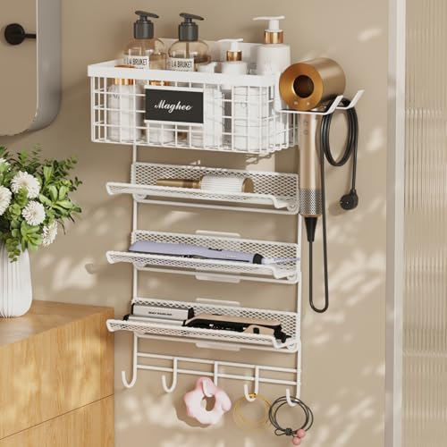 Magheo Hair Dryer Holder Wall Mounted, Adheisve Hair Styling Tool Organizer for hair Brush/Appliance Wall Mount with 5 Tier Shelf Basket Hooks Blow Dryer and Straightener Holder for Bathroom(White) - color: White