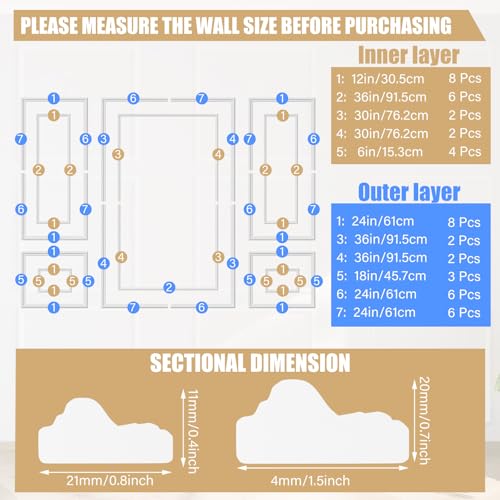 Pangda 3 Set Peel and Stick Wall Molding Kit Inner and Outer Layer Style Premade Wainscoting Panel for Interior Wall Moulding Decor Accent Wall Molding (24x48inch+48x 72inch) - size: 24x48inch+48x 72inch