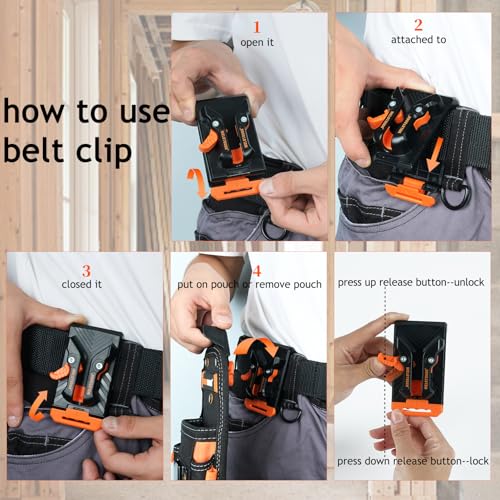 MELOTOUGH Small Tool Pouch with Quick Release Belt Clip,Clip On Tool Belt Pouch with Electrician Tapemeasure Clip, Mini Work Organizer Tool Holster and Knife Tool Holder Pouch - color: Orange Small Tool Pouch
