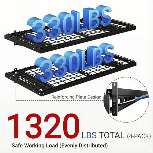 FLEXIMOUNTS 2x4ft Garage Storage, 4 Pack Garage Wall Shelving, Black - size: 4 pack-2x4 ft