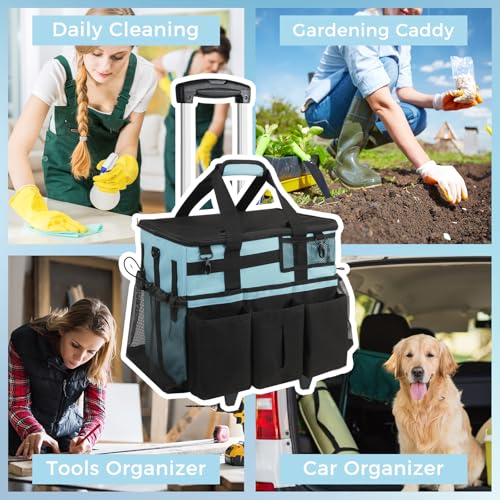 SCAVATA Rolling Cleaning Caddy Bag with Detachable Trolley, Large Cleaning Supplies Organizer with Wheels, Multi Pocket Cleaning Cart with Adjustable Shoulder Strap for Housekeepers & Home, SkyBlue - color: Skyblue